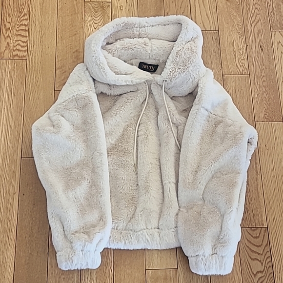 Super plush furry fleece pullover hoodie cream color XS - Picture 1 of 4
